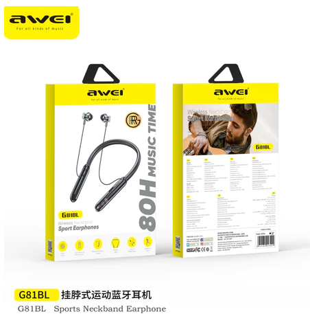 AWEI G81BL Earphones Hanging Neck In-ear Bluetooth 5.0 Headset Wireless HiFi Stereo Sports Neckband Magnetic Waterproof