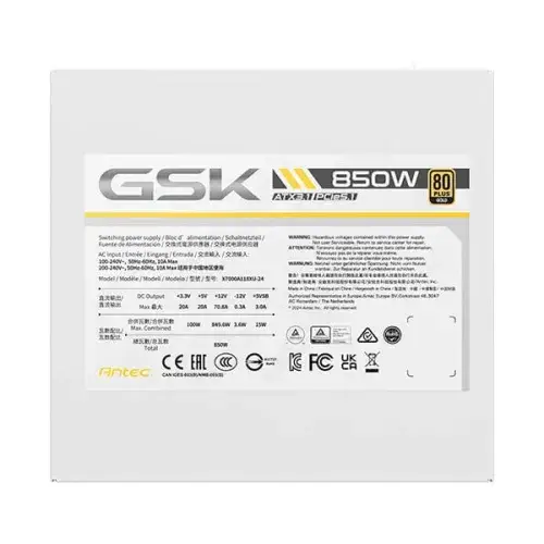 Antec GSK 850W White ATX 3.1 & PCIE 5.1 80+ Gold Full Modular Power Supply