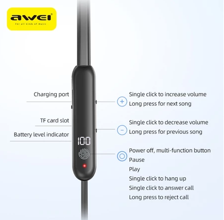 AWEI G81BL Earphones Hanging Neck In-ear Bluetooth 5.0 Headset Wireless HiFi Stereo Sports Neckband Magnetic Waterproof